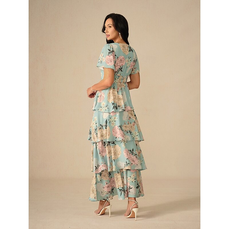 Women's Maxi Dress A Line Dress Layered Dress Elegant Ruffle Sleeve Vacation Loose Fit Floral Short Sleeve V Neck Sage Green Summer2