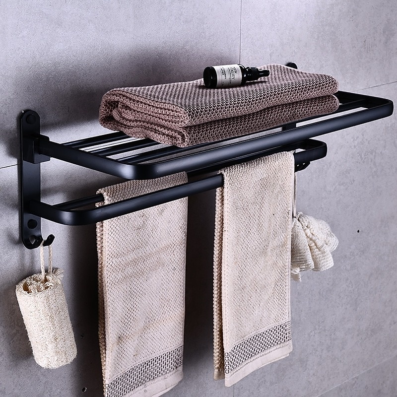 Aluminum Alloy Towel Holder Storage Organizer Shelf Wall Mounted Folding Towel Rack Bathroom Accessories, Black