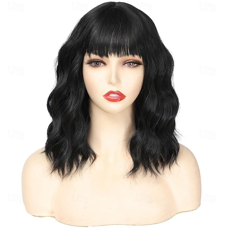 Wigs for Women Wavy Short Black Wig with Bangs Curly Bob Wig Shoulder Length Women's Wigs Synthetic Heat Resistant Fiber Wigs for Daily Party Use3