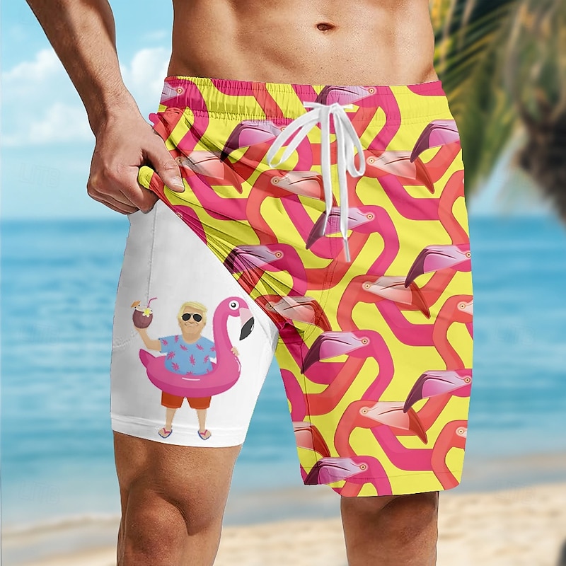 Men's Flamingo Funny Lined Shorts 2 in 1 Board Shorts Swim Shorts Mid Waist Hawaiian Vacation Holiday Beach Wear Side Pockets With Compression Liner Elastic Drawstring Waist Designer Clothing Apparel4