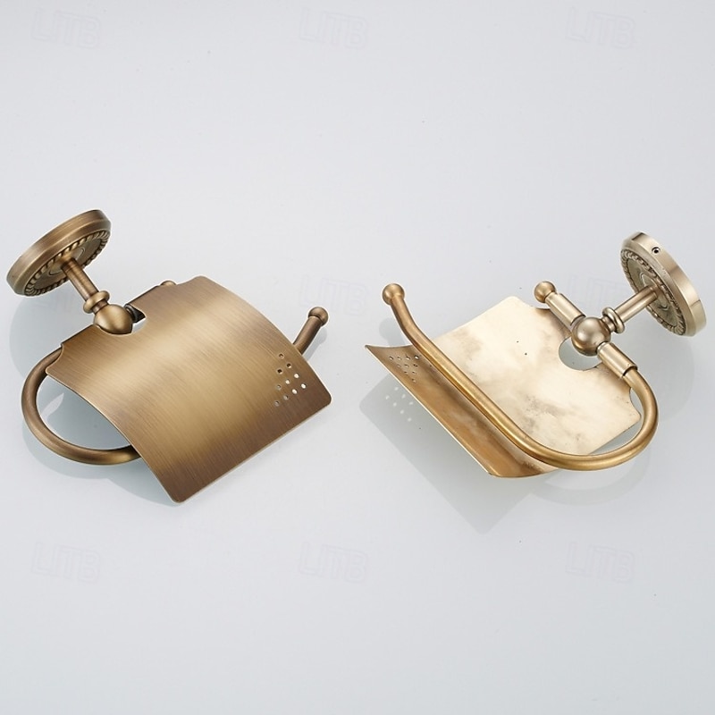 Antique Brass Toilet Paper Holder with Cover, Wall Mounted Toilet Paper Roll Holder, Vintage Gold Decorative Bathroom Accessories, Petal-Relief Series3