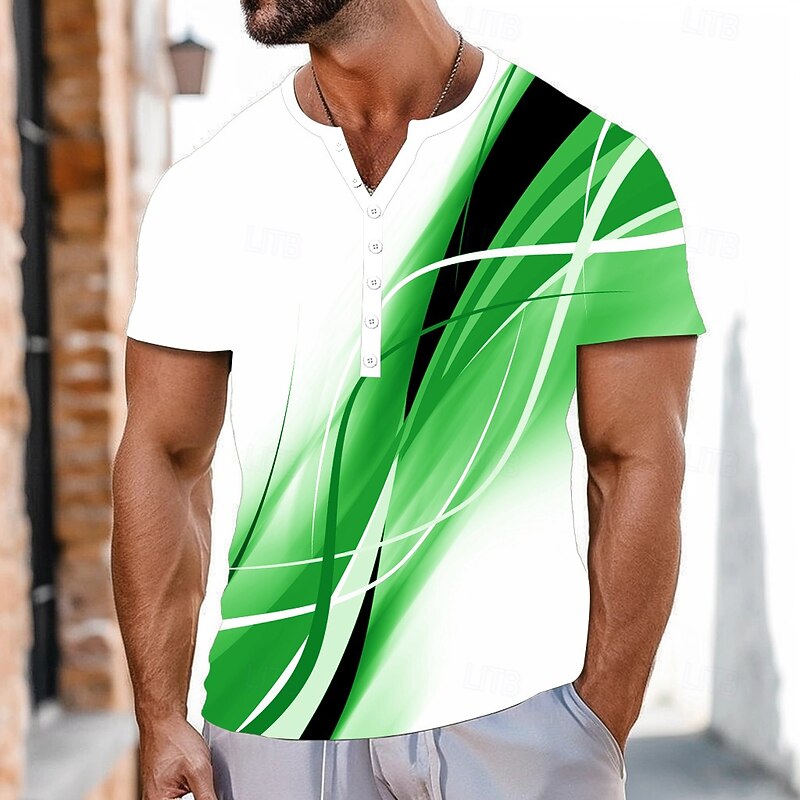 Men's Geometric Pattern Abstract T Shirt Henley Shirt Short Sleeve Sports Fashion Designer Outdoor Street Casual Summer All Seasons Grey Green Henley Henley T-Shirt2