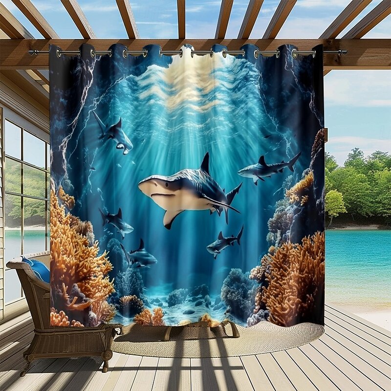 Waterproof Outdoor Curtain Privacy, Sliding Patio Curtain Drapes, Pergola Curtains Grommet 3D Ocean Sharks Landscape For Gazebo, Balcony, Porch, Party, 1 Panel3