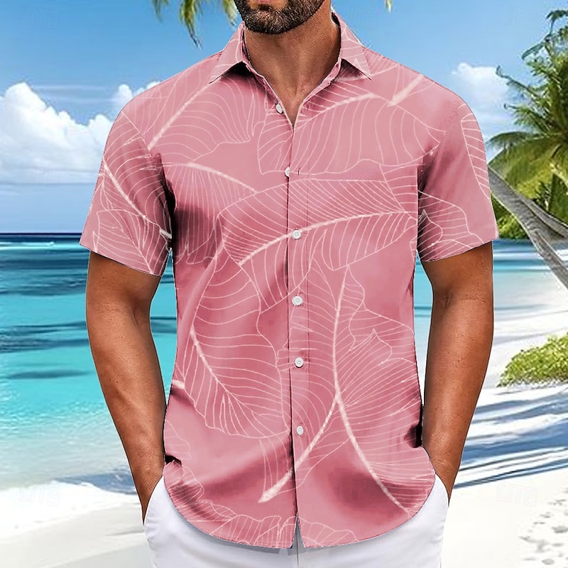 Men's Palm Leaf Tropical Plants Shirt Summer Hawaiian Shirt Button Up Shirt Short Sleeve Hawaiian Resort Vacation Holiday Beach Wear Summer Spring Turndown 3D Print Collared Shirts Pink Blue Green