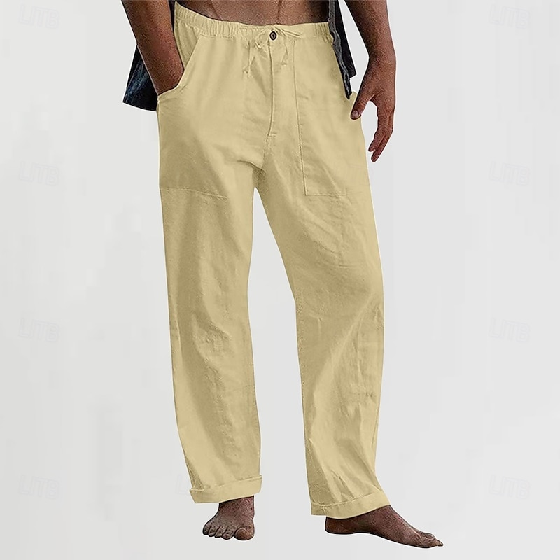 Men's Linen Pants Trousers Summer Pants Beach Pants Pocket Drawstring Elastic Waist Plain Comfort Breathable Vacation Daily Holiday Hawaiian Boho Lake blue turmeric2