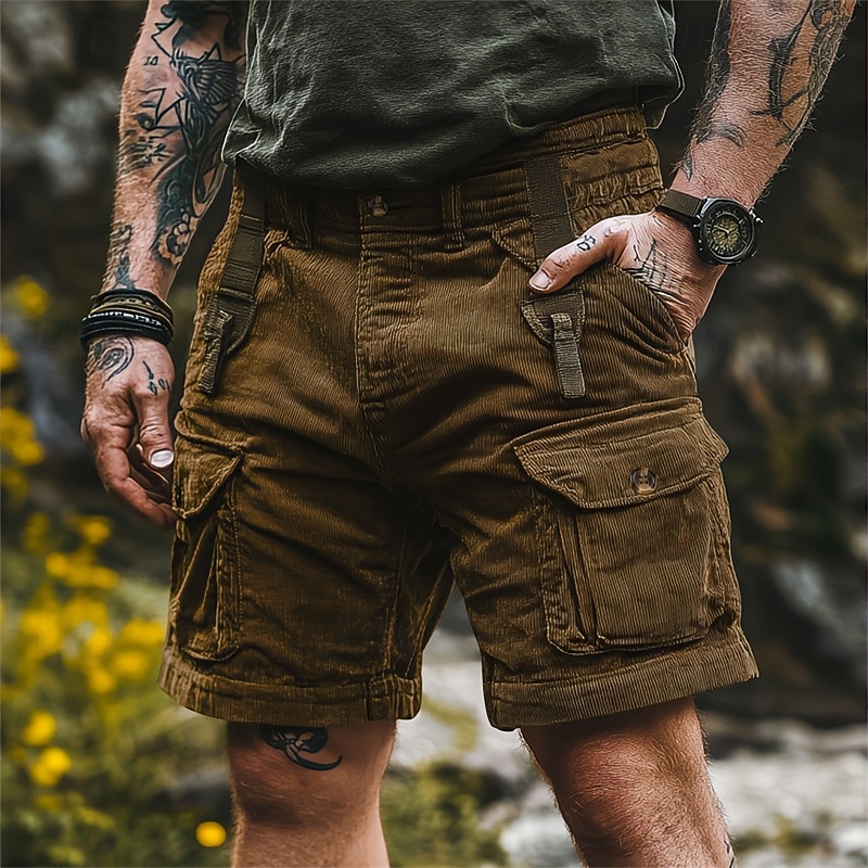 Men's Cargo Shorts Shorts Casual Shorts Hiking Shorts Corduroy Shorts Elastic Waist Multi Pocket Straight Leg Plain Comfort Breathable Knee Length Outdoor Casual Daily Fashion Streetwear Black Blue