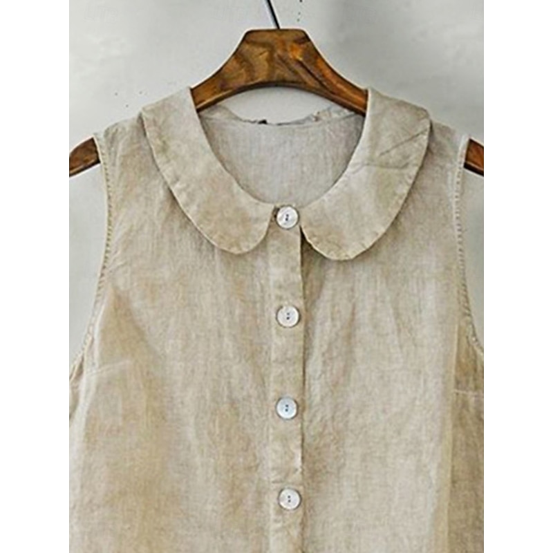 Women's Shirt Button Up Plain Basic Modern Sleeveless Shirt Collar Regular Tops Daily Ruffle Buttons Apricot Summer2