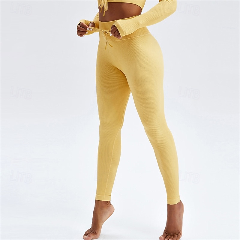 Women's Yoga Pants Yoga Leggings Drawstring Ribbed Butt Lift Tummy Control High Waist Pilates Gym Workout Workout Tights Solid Color Yellow Purple Green Spandex Fall Sports Activewear Stretchy Skinny