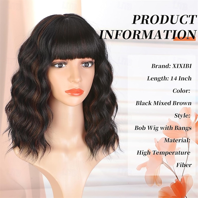 Bob Wavy Wigs With Bangs Black Mixed Brown Wigs for Women Short Curly Wavy Wigs with Highlights Natural Looking Shoulder Length Womens Wig for Daily Party Use3