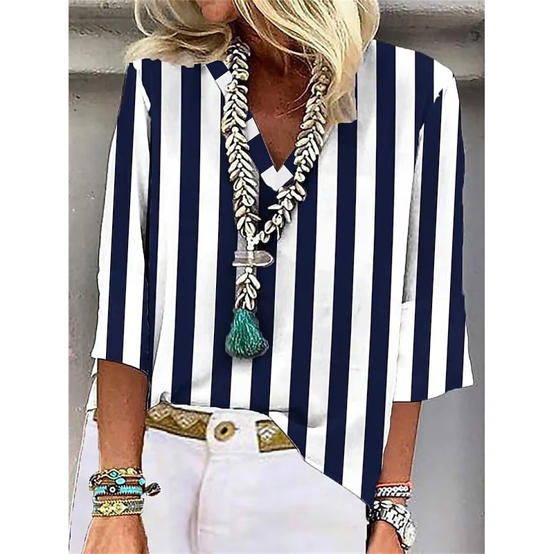 Women's T Shirt Blouse Striped Casual 3/4 Length Sleeve V Neck Regular Tops Daily Print Navy Blue Gray Spring & Summer