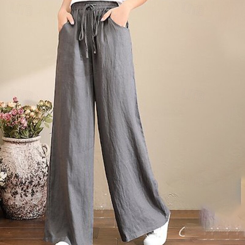 Women's Wide Leg Cotton Linen Pants Slacks Fashion Streetwear Full Length Natural Plain Pocket Elastic Drawstring Design Comfy Outdoor Street Holiday Weekend Apricot Grey Black White Summer Regular