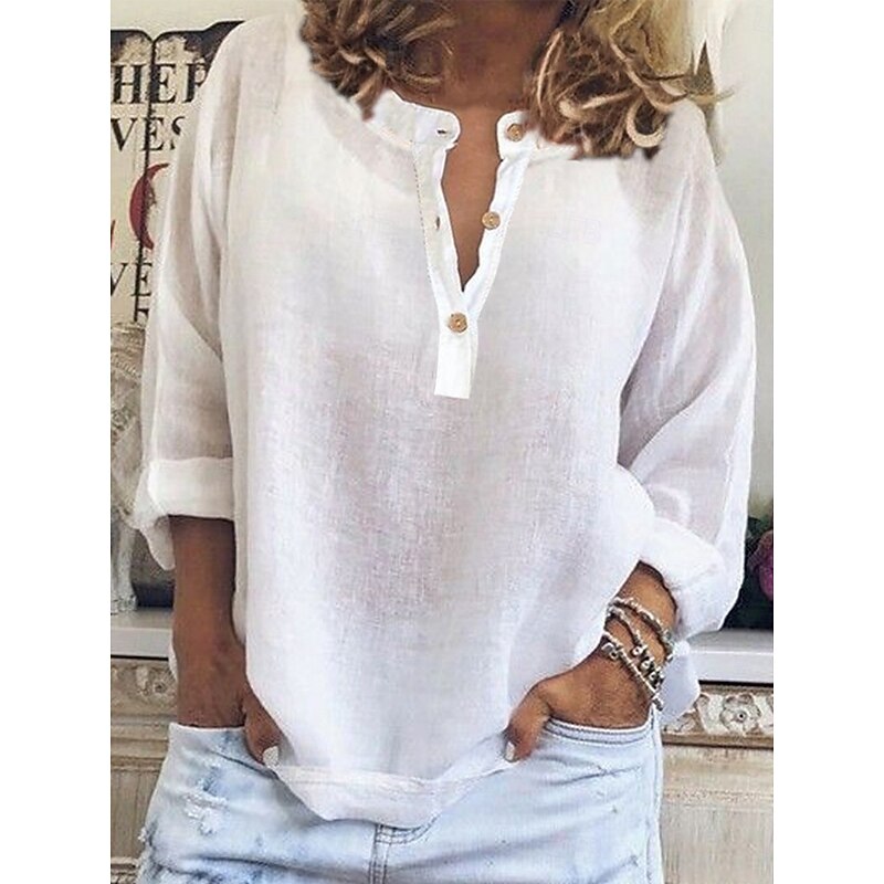Women's Shirt Plain Basic Casual Long Sleeve Crew Neck Regular Tops Daily Buttons White Blue Purple Khaki Summer