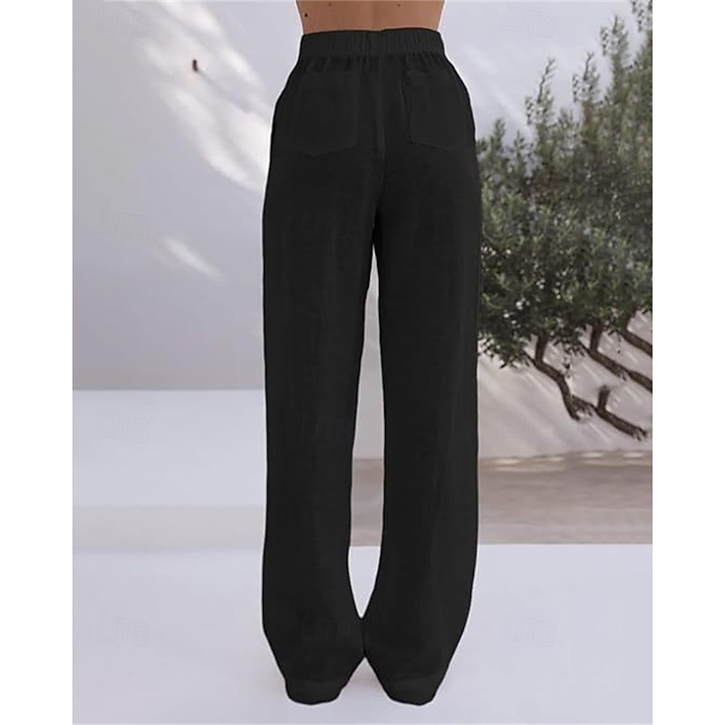 Women's Cotton Linen Pants Palazzo Pants Fashion Streetwear Comfort Full Length Mid Waist Plain Pocket Elastic Waist Comfy Outdoor Comfortable Street Daily Wear Going out Apricot Black Brown Army4