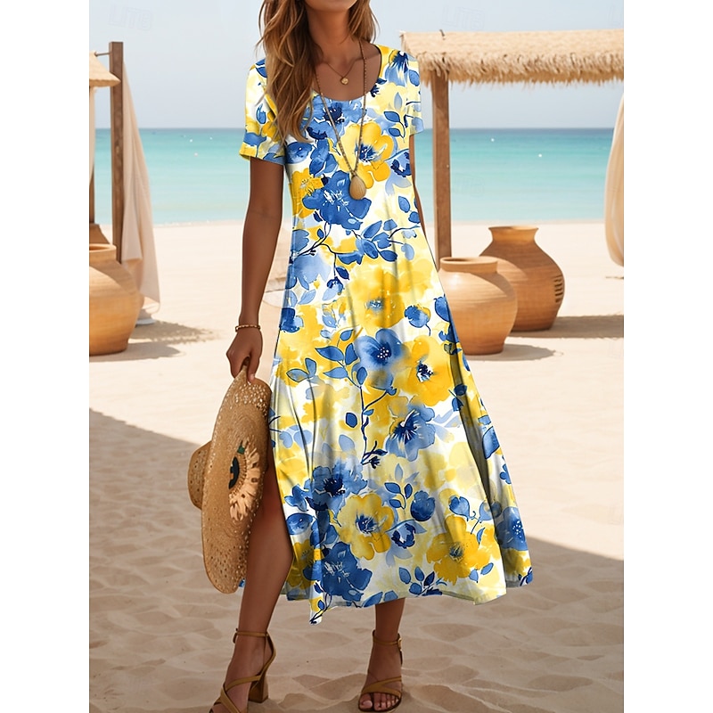 Women's Midi Dress Sundress A Line Dress Vacation Casual Beach Daily Going out Regular Fit Floral Graphic Short Sleeve Crewneck Yellow Pink Blue Purple Summer