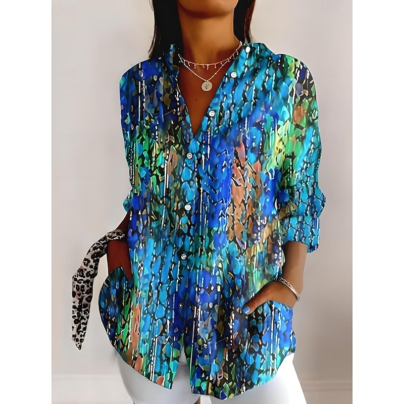Women's Shirt Button Down Tunic Shirt Collar Long Sleeve Ombre Floral Graphic Romantic Casual Beach Regular Tops Work Daily s Print Red Blue Spring Fall