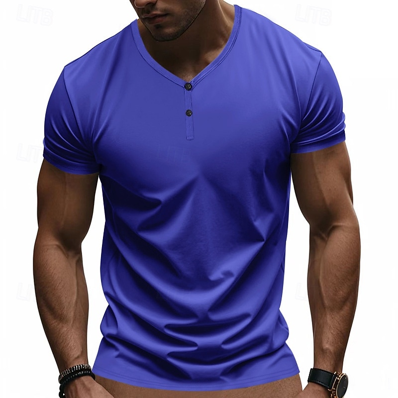 Men's T Shirt Henley Shirt Tee Short Sleeve Shirt Short Sleeve V Neck Summer Plain Fashion Designer Basic Plain Vacation Street Going out claret Black Royal Blue Top Tee for Men2