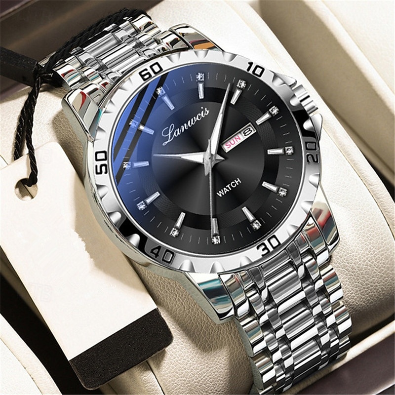 Fashionable Men's Quartz Watch with Simple Round Dial Dual Calendar Luminous Waterproof Steel Strip Watch Preferred Gift for Business Watches2