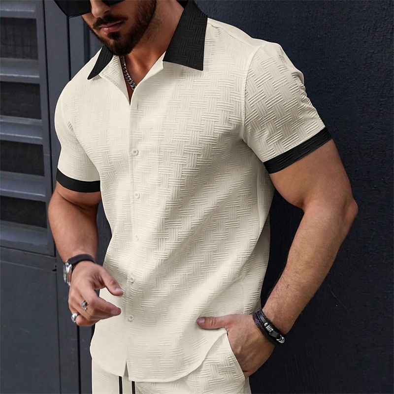 Men's Shirt Summer Shirt Casual Shirt Beach Shirt Button Up Shirt Light Pink Black White Sky Blue Dark Green Short Sleeve Plain Lapel Vacation Hawaiian Clothing Apparel Polyester Fashion Casual3