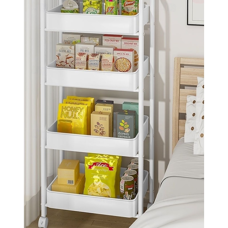 3/4 Tier Plastic Rolling Utility Cart with Handle, Multi-Functional Storage Trolley for Office, Living Room, Kitchen, Movable Storage Organizer with Wheels, White/Black2