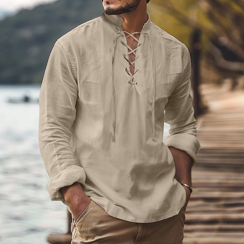 Men's Shirt Viking Style Summer Shirt Beach Wear Pirate Shirt Solid Color Vacation Holiday White Navy Blue Sky Blue Green Long Sleeve Stand Collar Summer Spring Clothing Apparel Medieval Knight2