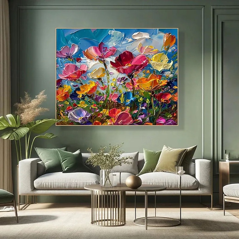 Colorful Floral Canvas Art handmade Vibrant Flower Oli Painting on Canvas hand painted Textured Acrylic Painting Impasto Cheerful Floral Art oil painting for Living Room Wall Art paintings3