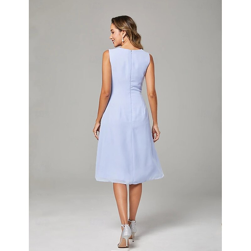 Beach Wedding Two Piece A-Line Mother of the Bride Dress Wedding Guest Elegant Scoop Neck Knee Length Chiffon Lace Sleeveless Jacket Dresses with Pleats Appliques2