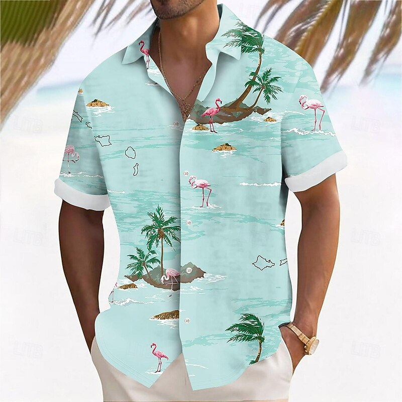 Men's Flamingo Coconut Tree Tropical Plants Shirt Summer Hawaiian Shirt Button Up Shirt Short Sleeve Hawaiian Resort Vacation Holiday Beach Wear Summer Spring Turndown 3D Print Collared Shirts Blue