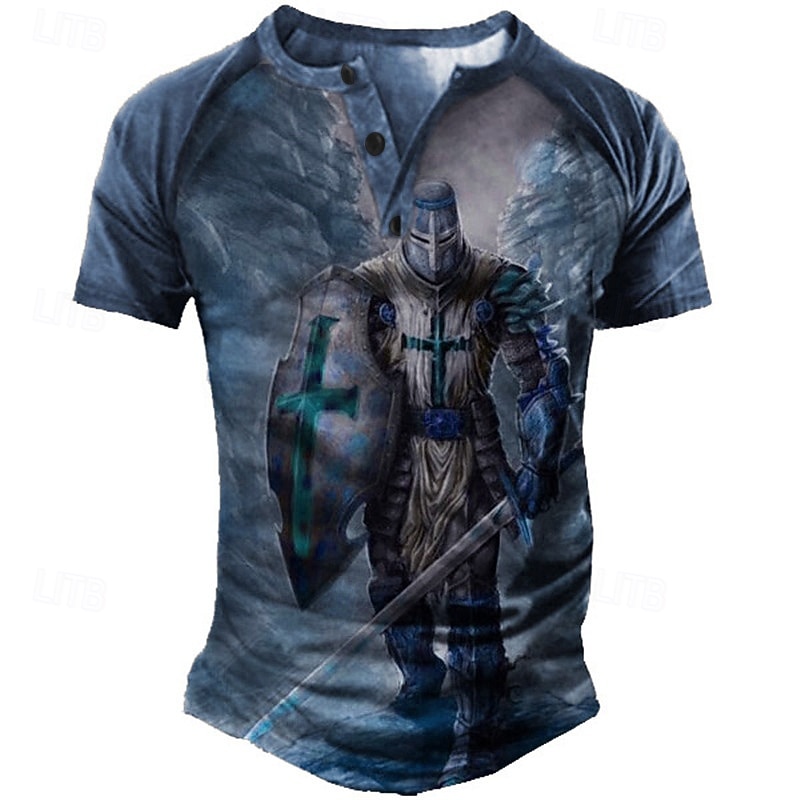 Men's Graphic Color Block Soldier T Shirt Vintage Shirt Henley Shirt Short Sleeve 3D Print Designer Basic Classic Outdoor Daily Sports Summer Blue Brown Green Gray Henley Henley T-Shirt3