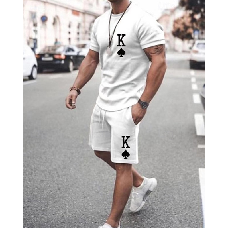 Men's T-shirt Suits 2 Pieces Outfits Tee & Shorts Short Sleeve Crew Neck Summer Heart Quotes & Sayings Fashion Casual 2 Piece Vacation Daily Wear Going out Green+Lime Black White Top Tee for Men3