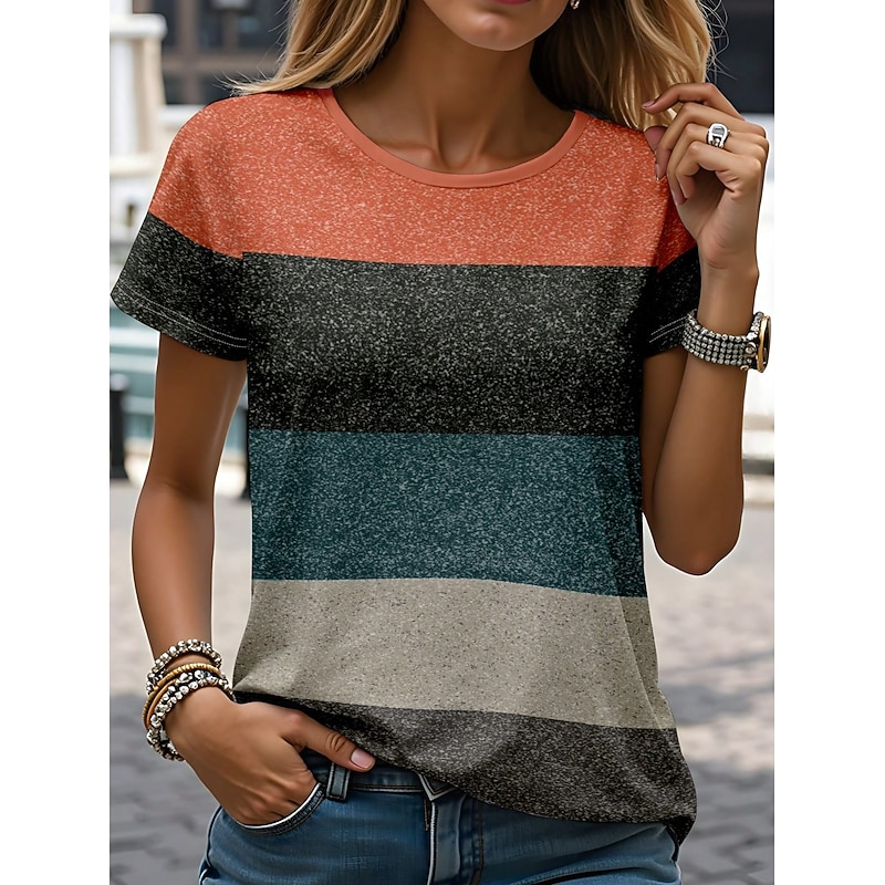 Women's T Shirt Graphic Striped Vintage Stylish Classic Short Sleeve Crew Neck Regular Tops Daily Weekend Print Orange Summer