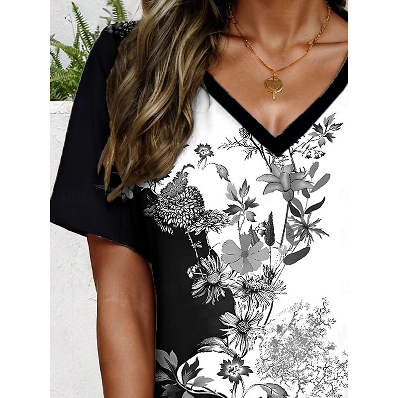 Women's T Shirt Floral Graphic Vintage Stylish Ethnic Short Sleeve V Neck Regular Tops Daily Going out Beach Wear Print Black and White Summer Spring3