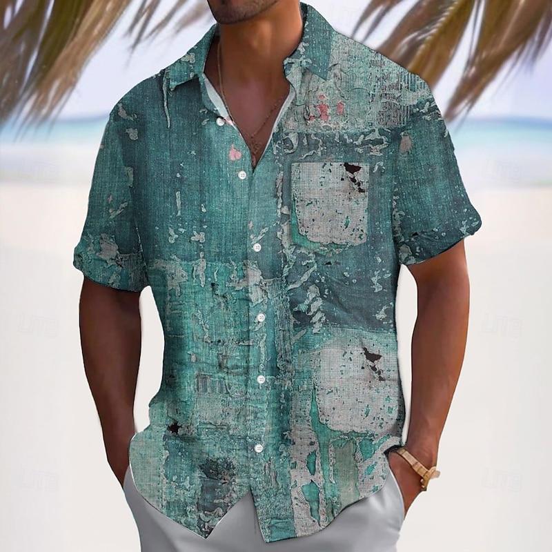 Men's Denim-like Shirt Casual Shirt Button Up Shirt Short Sleeve Vintage Retro Vacation Dailywear Holiday Summer Spring Turndown 3D Print Collared Shirts Front One Pocket Blue Green Khaki Gray3