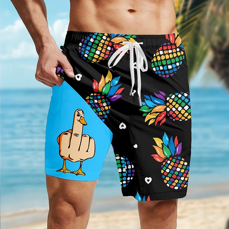 Men's Pineapple Funny Duck Lined Shorts 2 in 1 Board Shorts Swim Shorts Mid Waist Hawaiian Vacation Holiday Beach Wear Side Pockets With Compression Liner Elastic Drawstring Waist Designer Clothing3