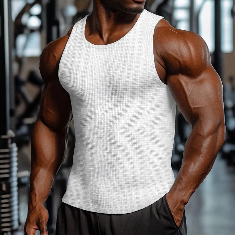 Men's Waffle Tank Top Vest Top Sleeveless Shirt Sleeveless Crewneck Summer Plain Fashion Designer Muscle Outdoor Going out Gym Black White Dark Red Top Tee for Men