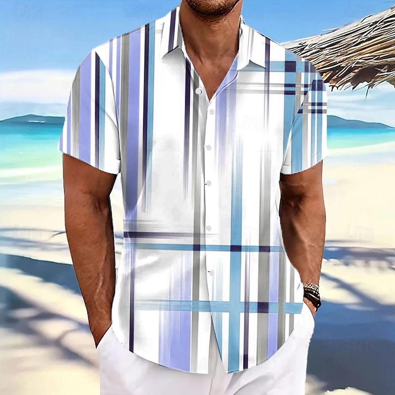 Men's Geometric Gradient Color Line Shirt Summer Shirt Button Up Shirt Short Sleeve Fashion Casual Outdoor Vacation Dailywear Summer Spring Turndown 3D Print Collared Shirts Black Pink Blue Green3