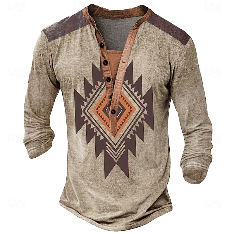 Men's Tribal T Shirt Henley Shirt Long Sleeve Designer Retro Vintage Casual Street Casual Daily Summer Spring Fall Green Khaki Light Grey Henley Collar Henley Henley T-Shirt