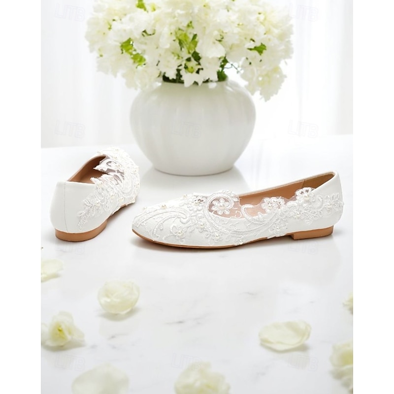 Women's White Lace Embroidered Ballet Flats – Vintage Closed Toe Wedding Shoes for Bride and Garden Ceremonies4
