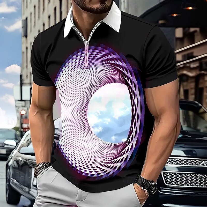 Men's Geometic Visual deception Zip Polo Short Sleeve Turndown Modern Casual / Sporty Sports & Outdoor Athleisure Daily 3D Print Summer Pink Purple Green3