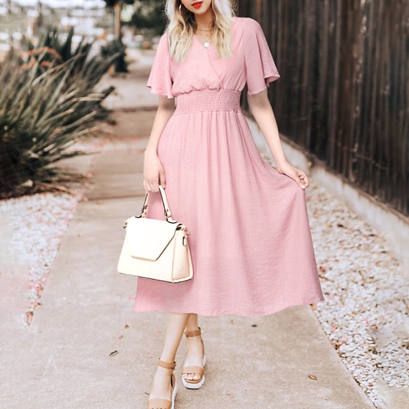 Women's Midi Dress Cocktail Dress Wedding Guest Dress Chiffon Dress Fashion Modern Vacation Tea Party Weekend Regular Fit Plain Short Sleeve V Neck Black White Pink Apricot Summer2