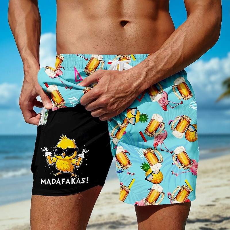 Men's Funny Oktoberfest Beer Duck Lined Shorts 2 in 1 Board Shorts Swim Shorts Mid Waist Hawaiian Holiday Beach Wear Side Pockets With Compression Liner Elastic Drawstring Waist Designer Clothing