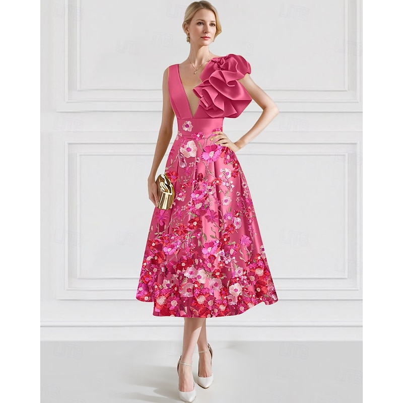 Floral A-Line Cocktail Dresses Elegant Dress Formal Wedding Ankle Length Sleeveless V Neck Satin with Embroidery Pocket