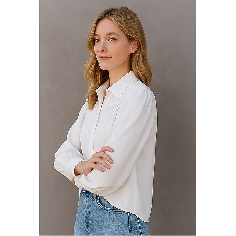 Women's Shirt Plain Basic Modern Long Sleeve Shirt Collar Regular Tops Daily Holiday Buttons White Summer2