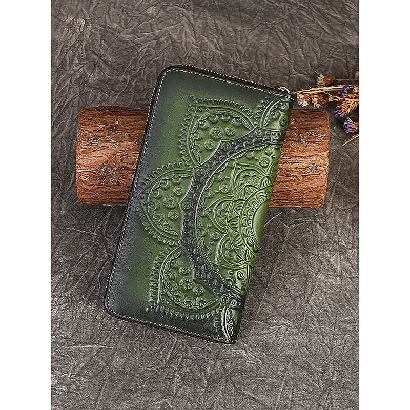 Handmade leather continental wallet with elegant mandala pattern - zip closure, multiple compartments, ideal gift for women on Mother's Day