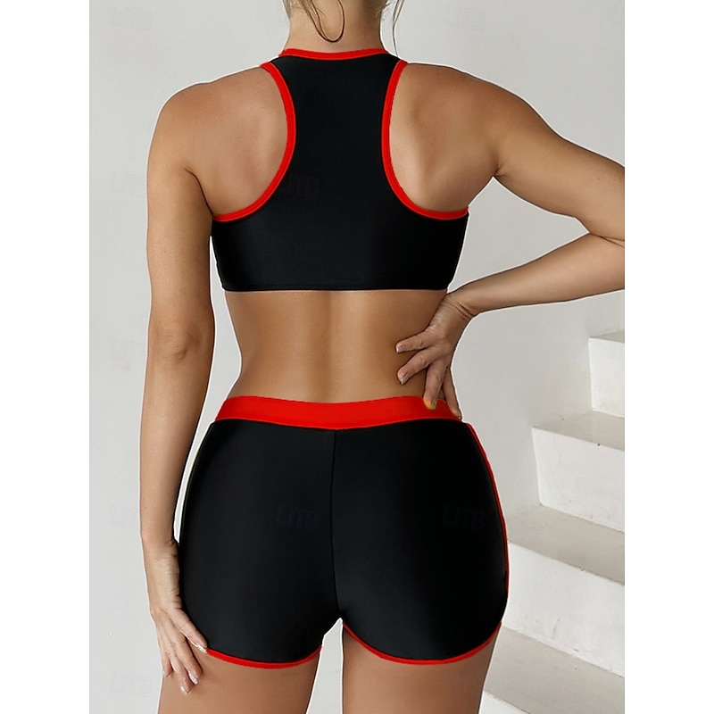 Women's Swimsuits Tankini 2 Piece Shorts Swimsuit Backless Tummy Control High Waist Slim Vacation Beach Wear Color Block U Neck Sleeveless Bathing Suits2