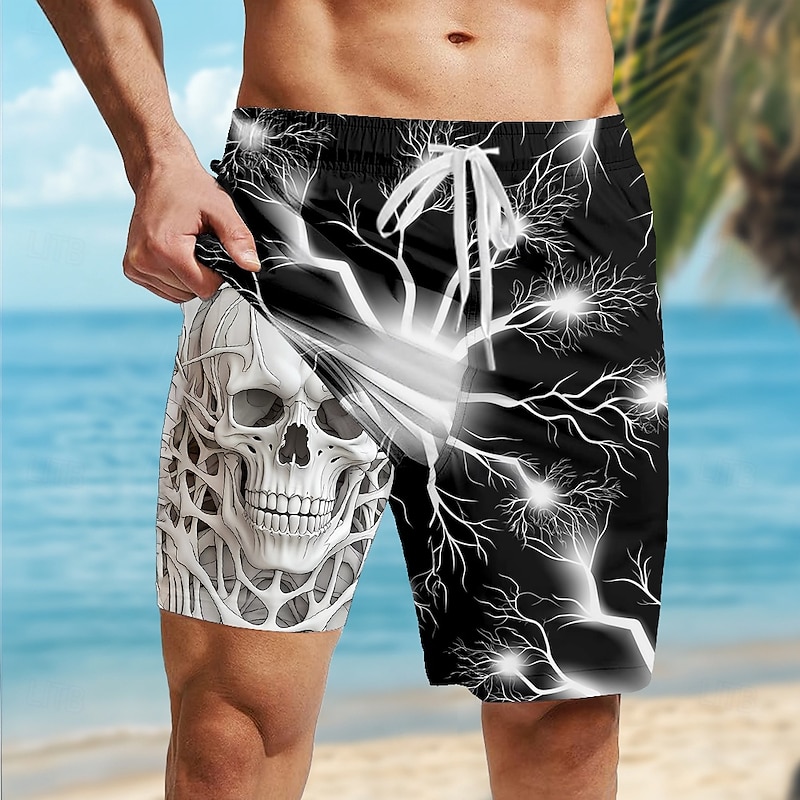 Men's Skull Lightening Gothic Lined Shorts 2 in 1 Board Shorts Swim Shorts Mid Waist Retro Vintage Holiday Streetwear Side Pockets With Compression Liner Elastic Drawstring Waist Designer Clothing