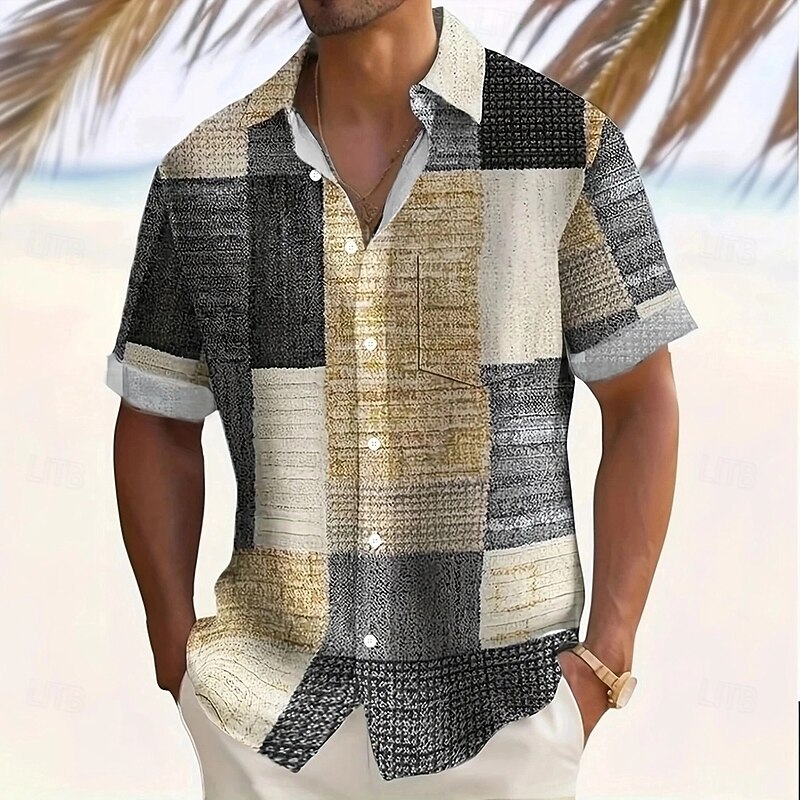Men's Geometric Color Block Patchwork Shirt Casual Shirt Button Up Shirt Short Sleeve Fashion Casual Vacation Dailywear Holiday Summer Spring Turndown 3D Print Collared Shirts Front One Pocket Blue