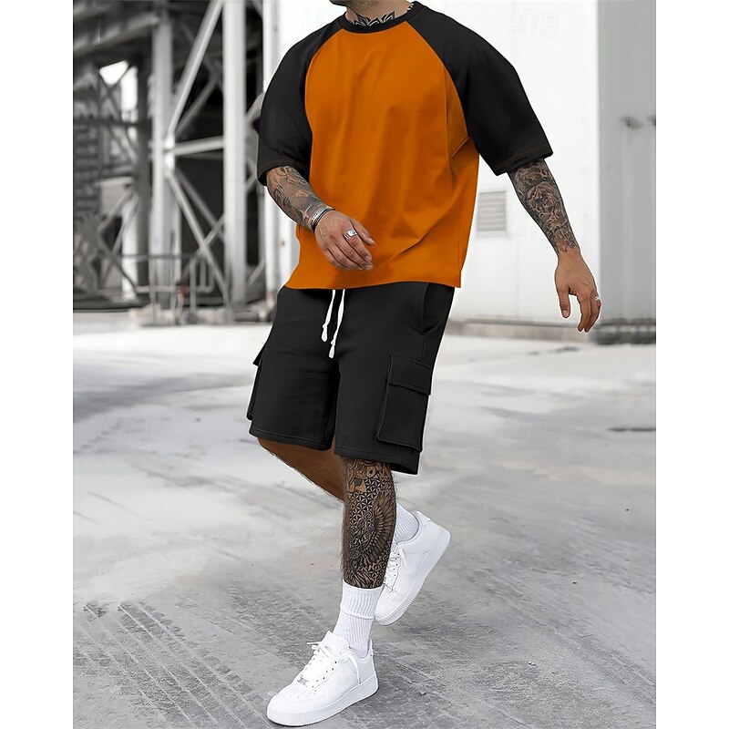 Men's T-shirt Suits 2 Pieces Outfits Tee & Shorts Short Sleeve Crew Neck Summer Color Block Fashion Casual 2 Piece Vacation Daily Wear Going out Yellow Orange Army Green Top Tee for Men2