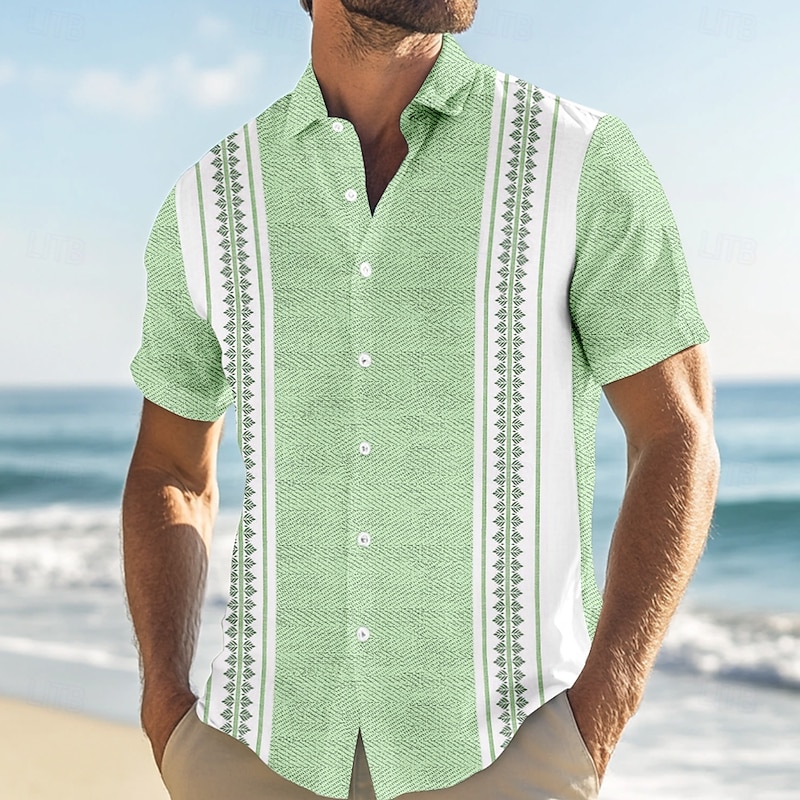 Men's Geometric Striped Shirt Guayabera Shirt Button Up Shirt Short Sleeve Fashion Casual Vacation Dailywear Beach Wear Summer Spring Turndown Button Up 3D Print Linen Like Shirt Pink Blue Green Gray2