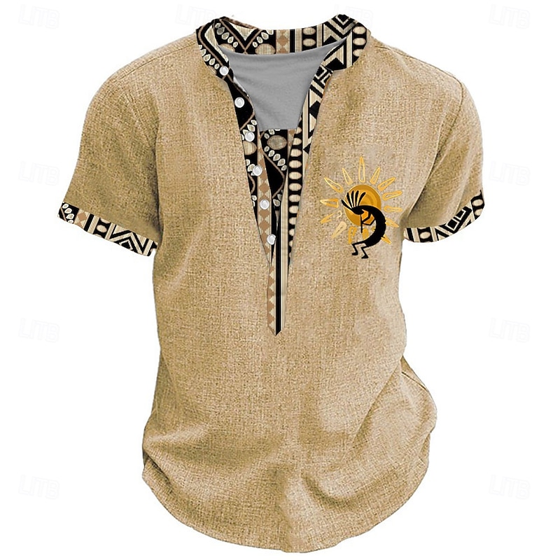 Men's Graphic Tribal Henley Shirt Short Sleeve 3D Print Fashion Designer Basic Street Casual Daily Summer Spring Light Blue Black Green Khaki Stand Collar Henley T-Shirt4