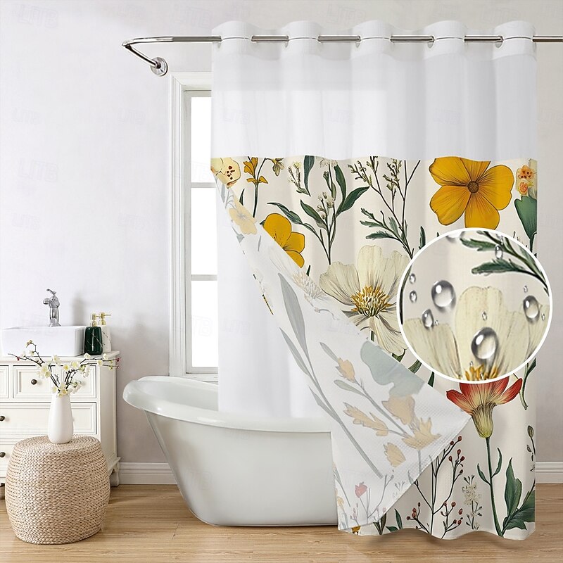 Flower Waffle-Weave Textured Shower Curtain Set with Snap-in Liner and Sheer Window Water-Repellent Polyester,Grommet Top,120GSM Hotel Quality Spa Style Bathroom Partition No Hooks Required